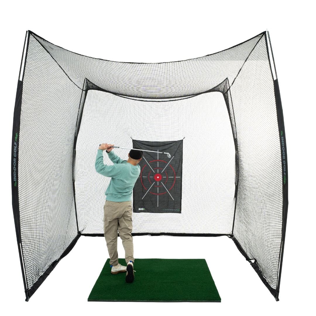 10x10x10 square golf net with golfer and golf mat and target