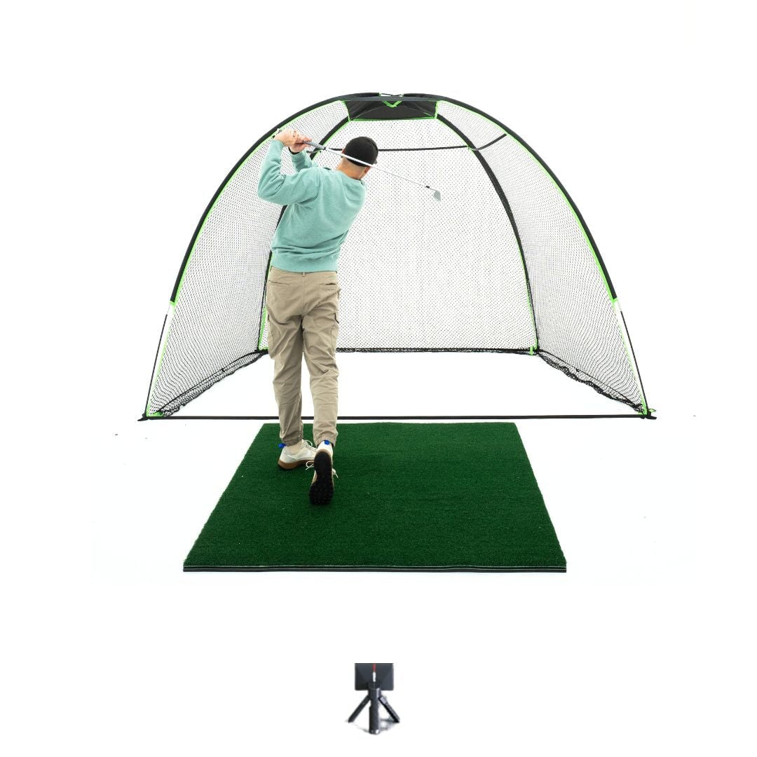 Rounded Golf Net with garmin approach r10 and golfer swinging on golf mat