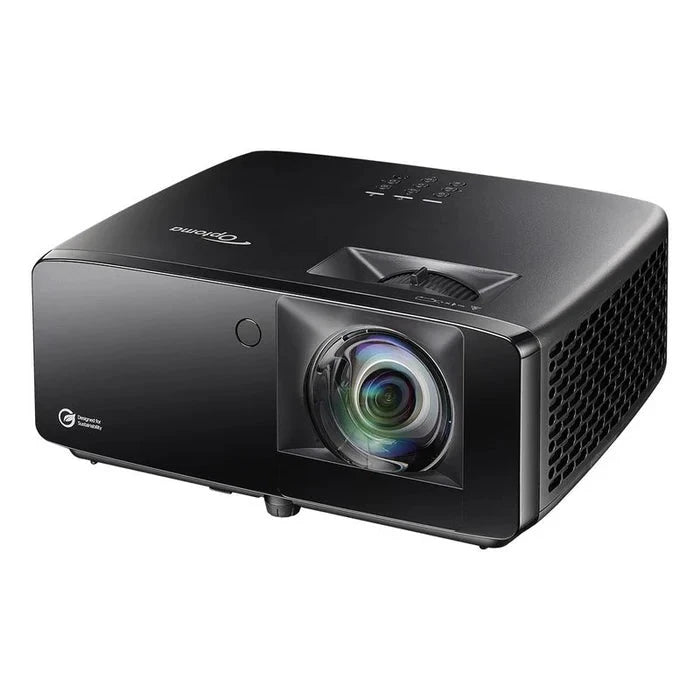 Optoma GT2400HDR Golf Simulator Projector, angled view from the front left, showing the lens and top controls