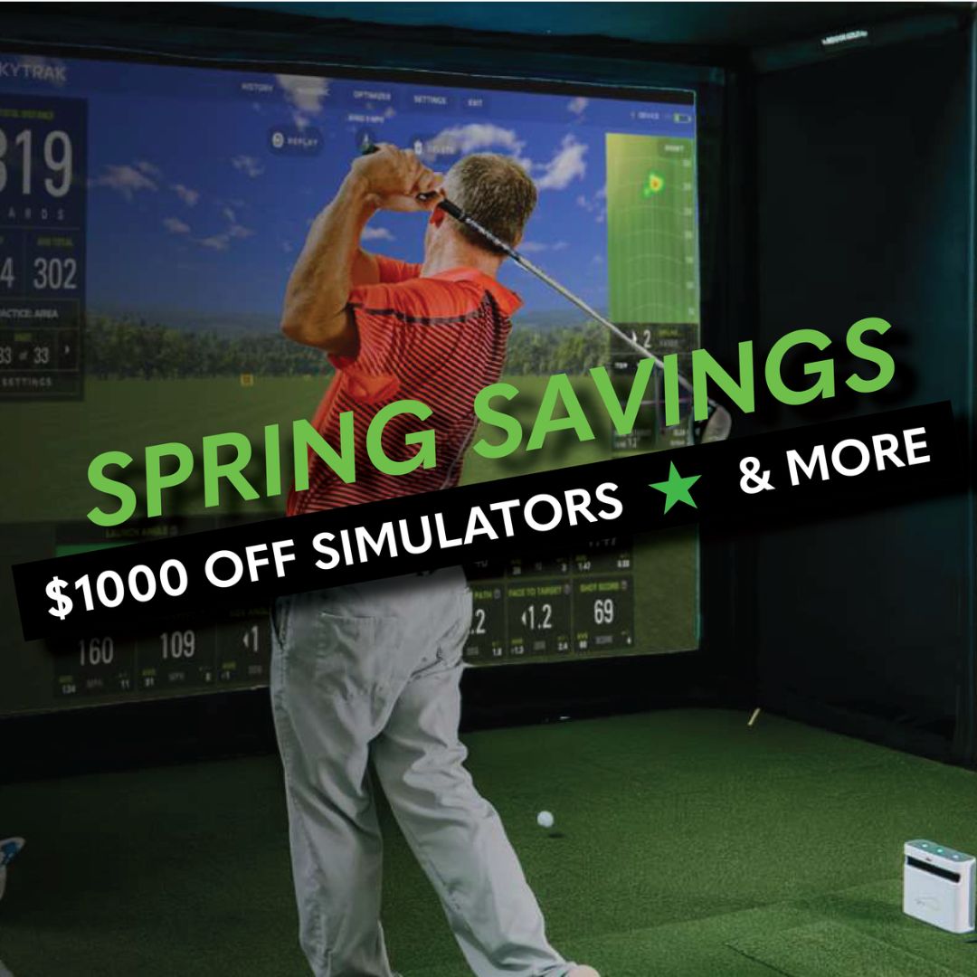 Spring Savings Banner showing $1000 off golf simulators & more