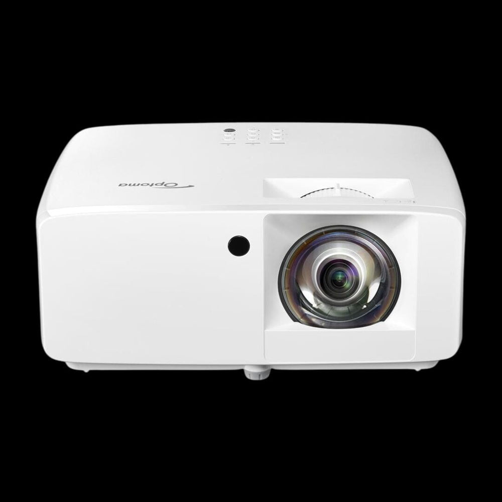 Front view of the Optoma ZW350ST projector, showing the lens, a small black sensor, and the Optoma logo on top.