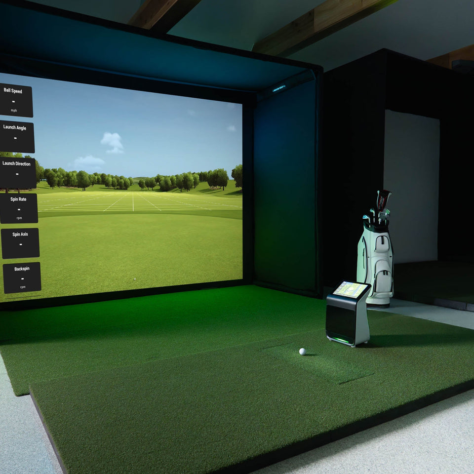 Square golf launch monitor on turf.