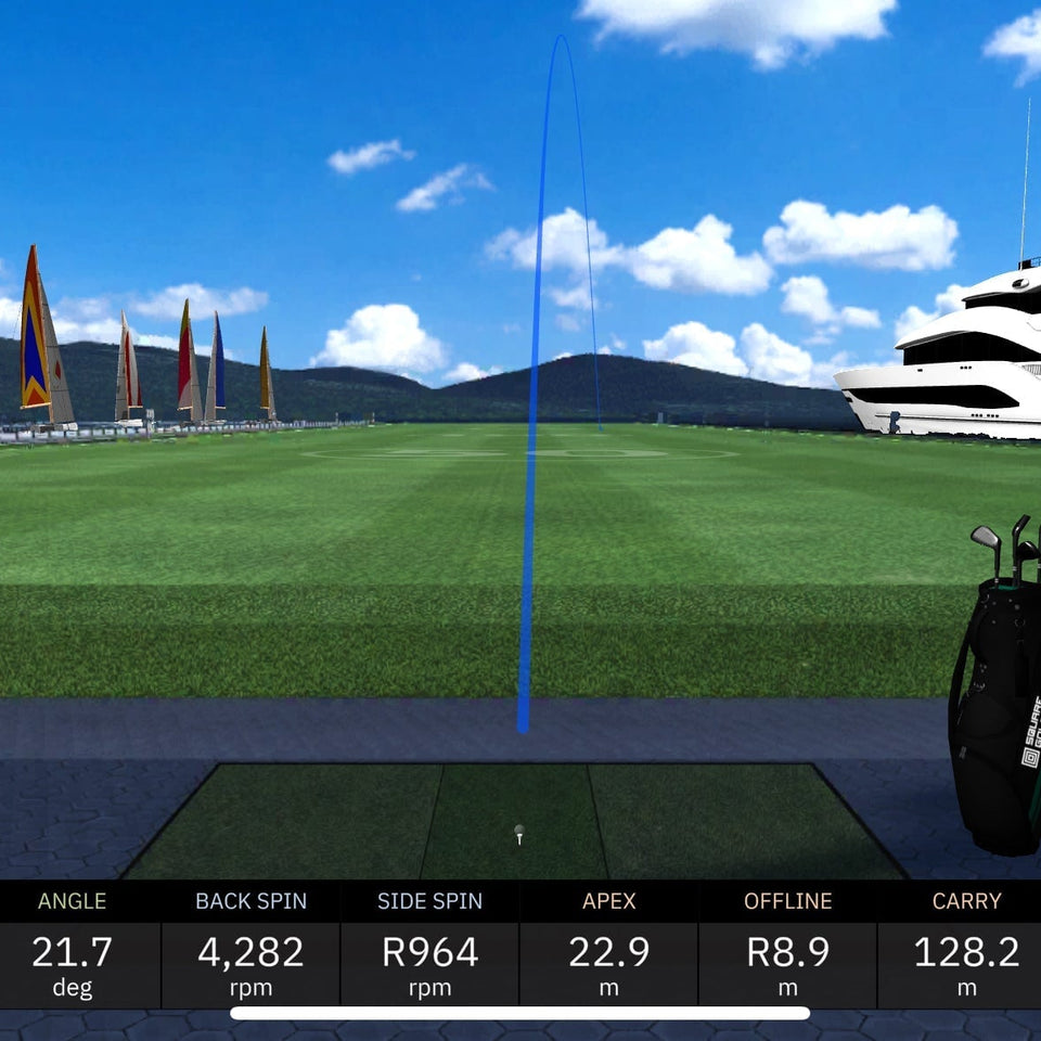 Square golf launch monitor on turf.