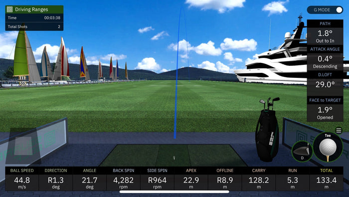 Square golf launch monitor on turf.