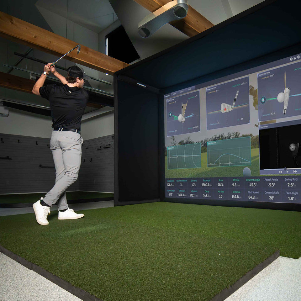 Square golf launch monitor on turf.