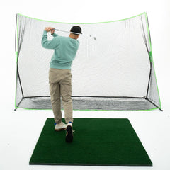 10' x 7' Golf net with golfer hitting on 5x5 golf mat