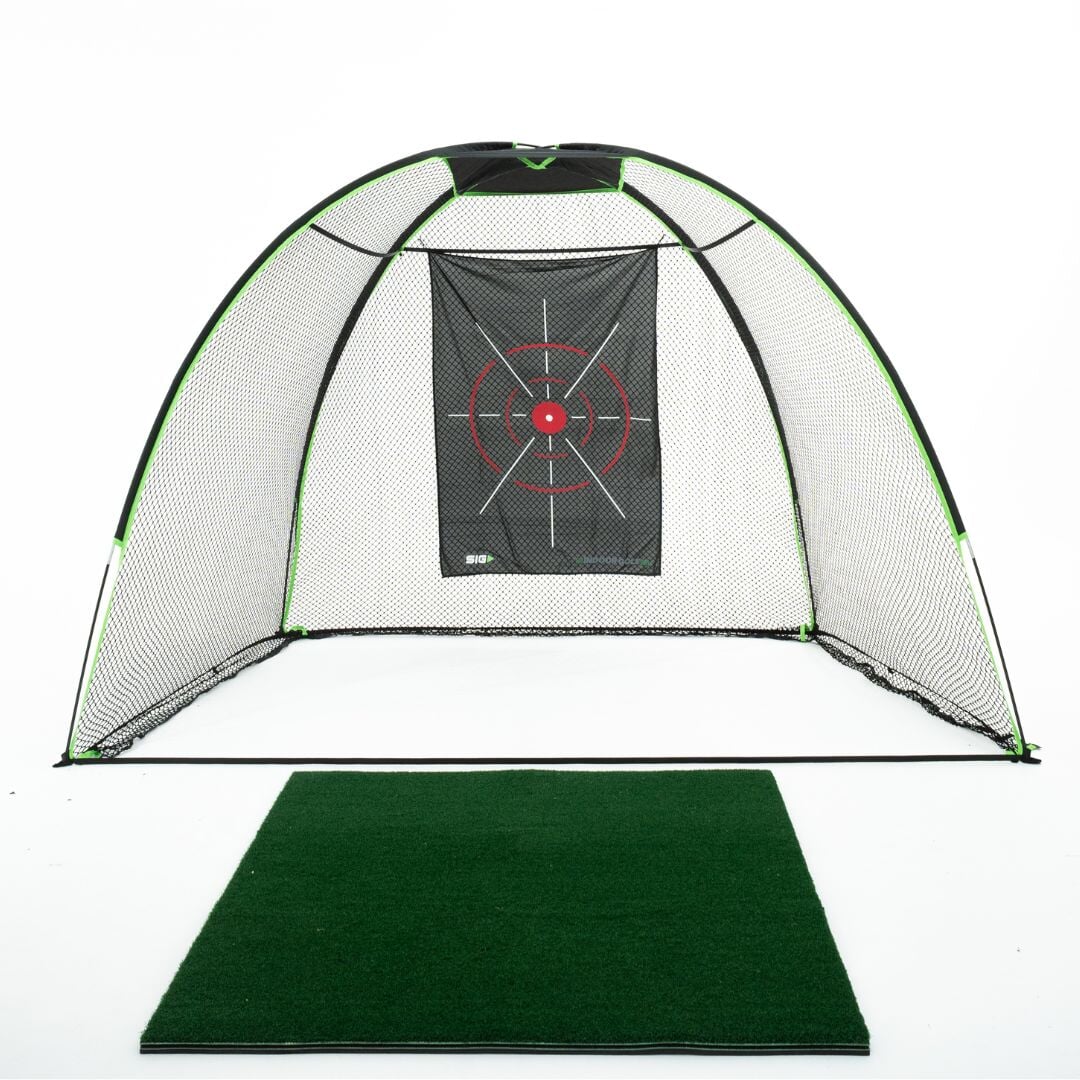 10x7 rounded golf net with golf mat and target