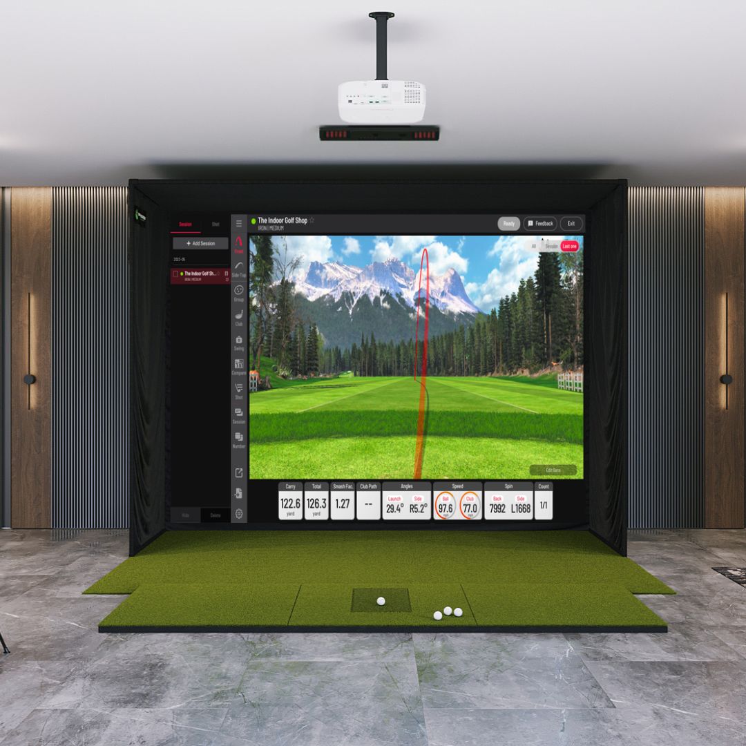 Uneekor EYE XO2 SIG12 Golf Simulator Package with SIGPRO Softy 4' x 10' golf mat.
