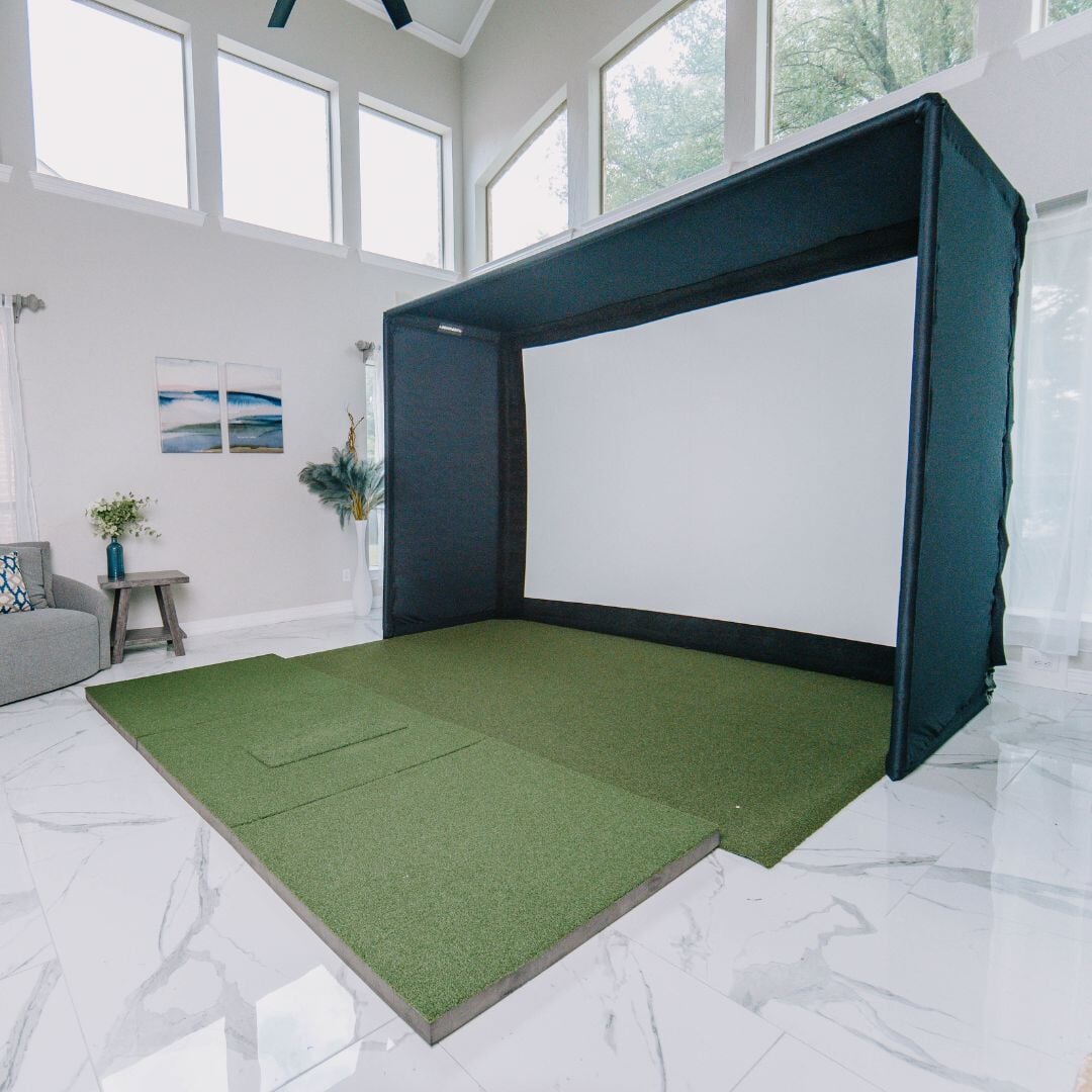 sig10 golf simulator enclosure with 4x10 softy mat