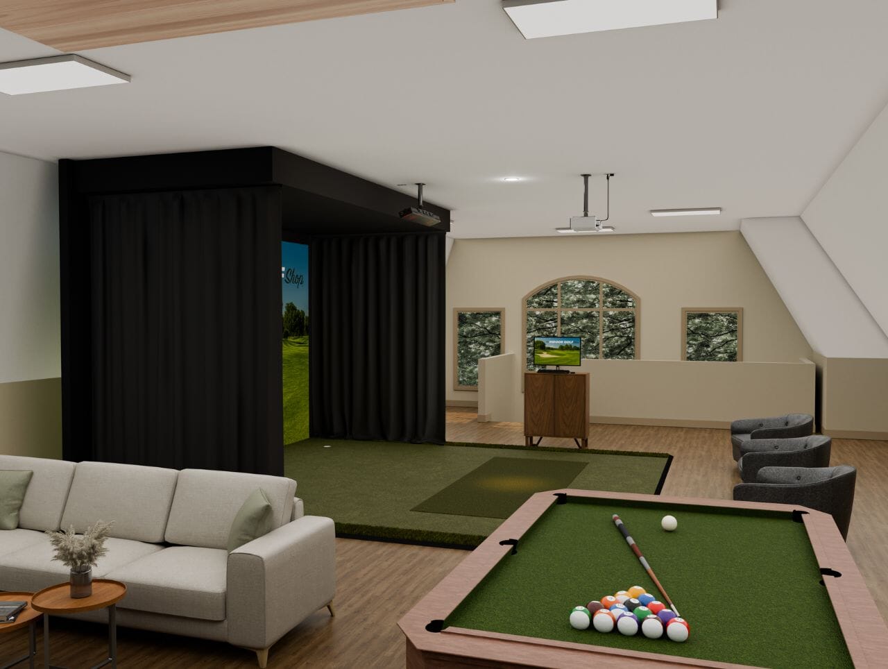Custom Golf Simulator Render with Pool Table