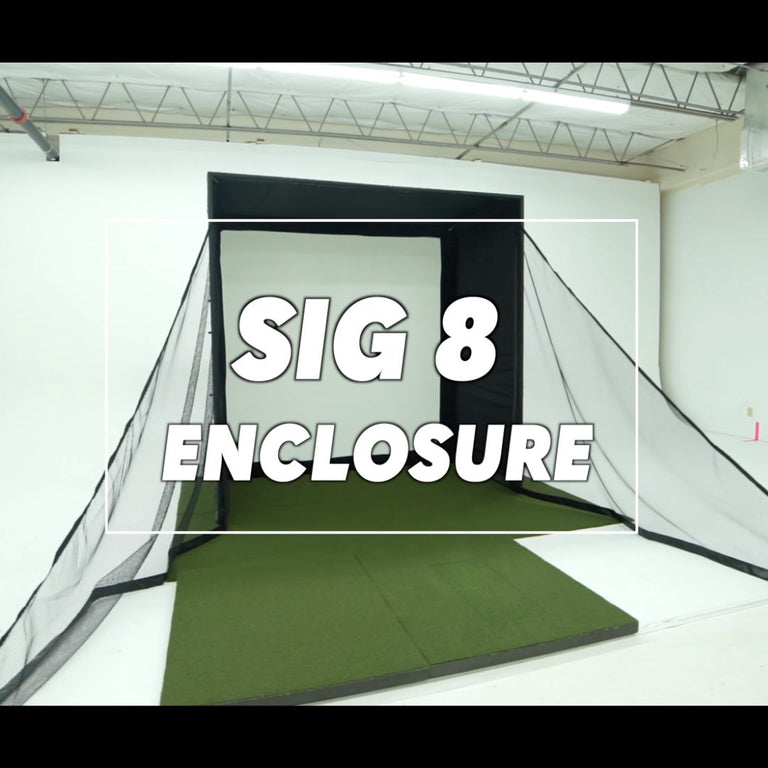 SIG8 Enclosure assembly video thumbnail with sig8 enclosure in background with sigpro softy 4x7 golf mat