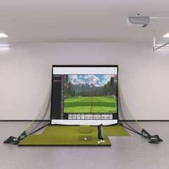 Uneekor EYE MINI Bronze golf simulator package with SIGPRO Softy 4' x 7' Golf Mat