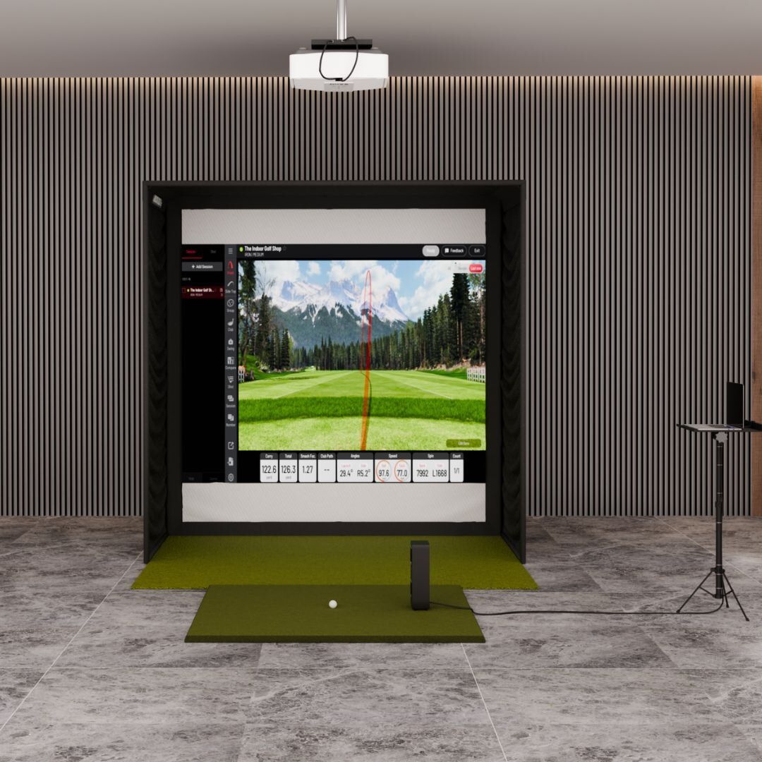 Uneekor EYE MINI LITE SIG8 Golf Simulator enclosure with fairway series 5' x 5'