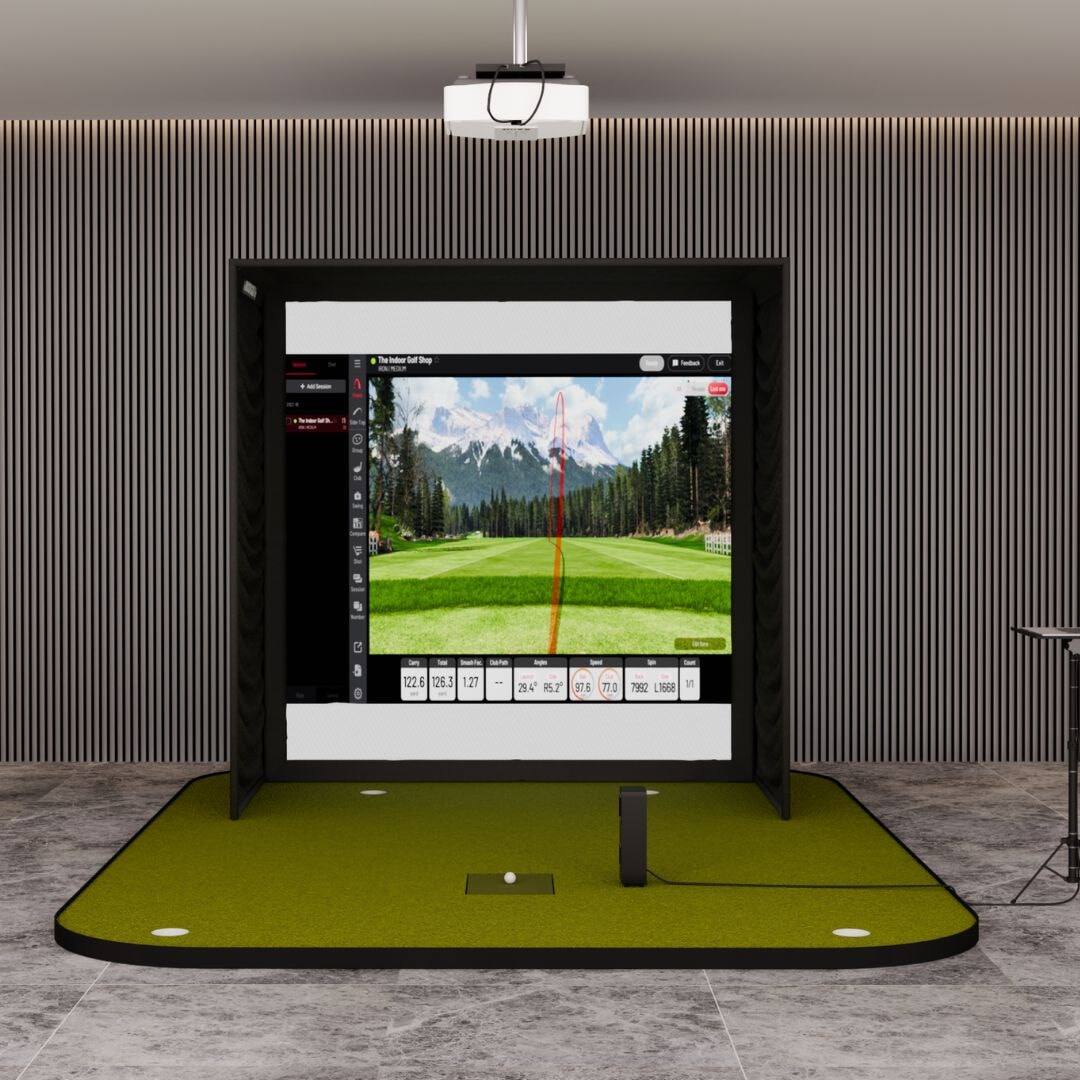 Uneekor EYE MINI LITE SIG8 Golf Simulator enclosure with SIGPRO Golf Simulator Flooring