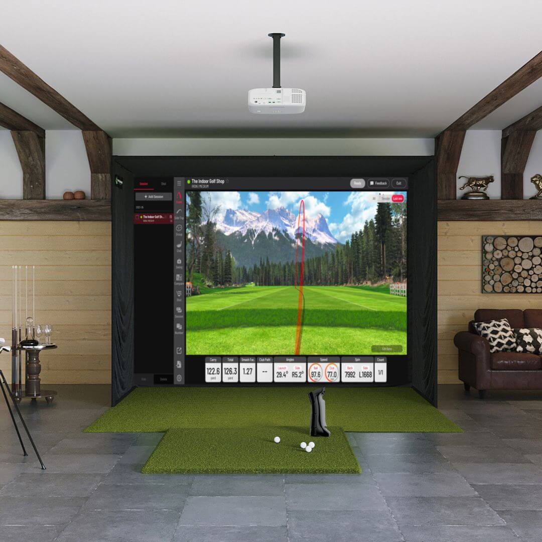 Uneekor EYE MINI SIG10 Golf Simulator Package with fairway series 5' x 5' golf mat