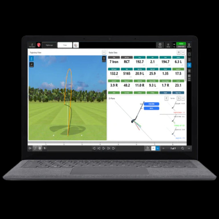 FlightScope PC Software shown on computer with multiple views open.