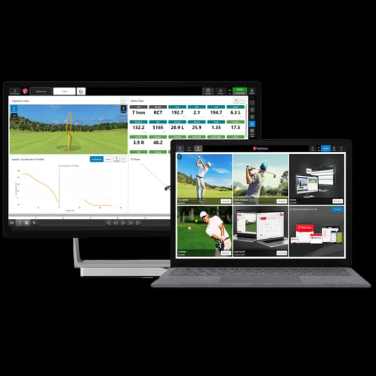 FlightScope PC Software shown on computer and monitor.