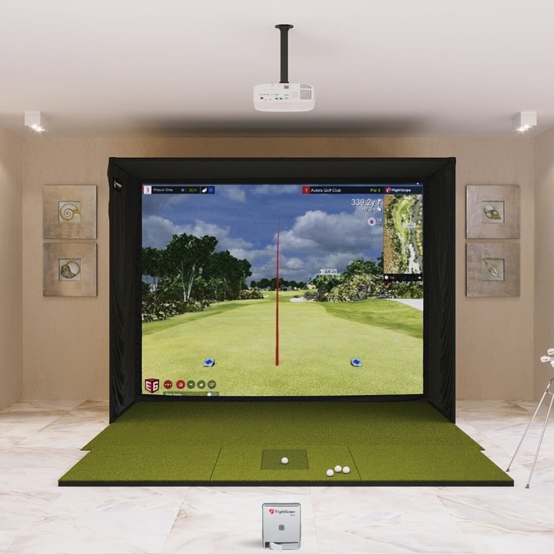 MEVO Gen2 SIG10 4x10 golf mat in a golf simulator package 