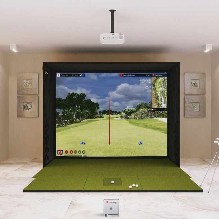 MEVO Gen2 SIG10 4x10 golf mat in a golf simulator package 