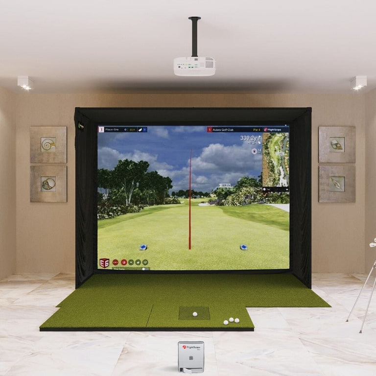 MEVO Gen2 SIG10 4x7 golf mat in a golf simulator package 