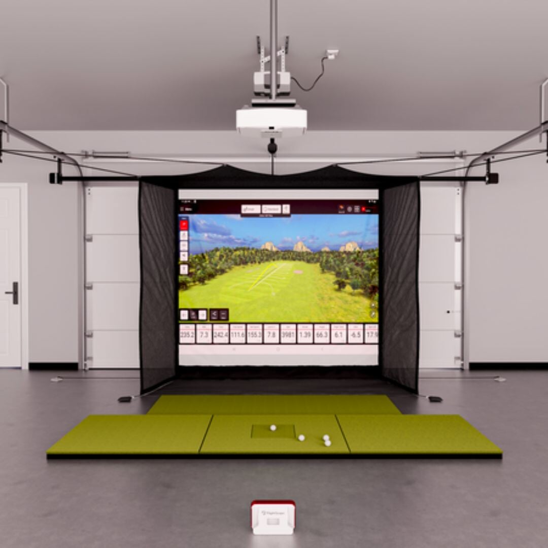FlightScope MEVO+ Flex Space Package with 4x10 golf mat and G-TRAK Retractable Screen
