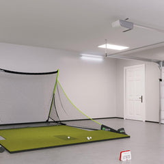 MEVO Plus training golf simulator package with 4x10 golf mat