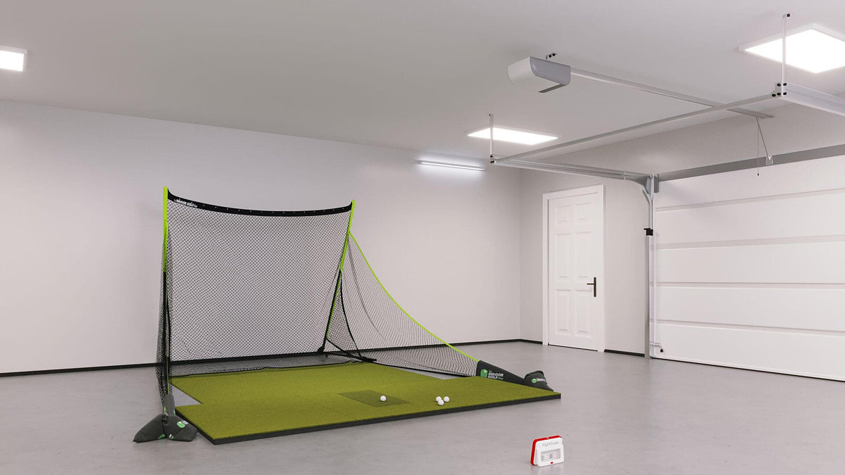 MEVO Plus training golf simulator package with 4x10 golf mat
