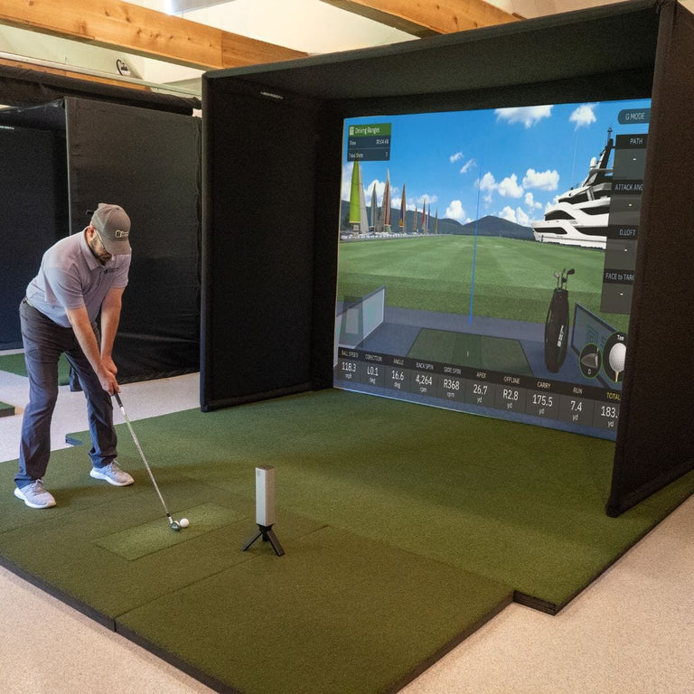 square omni golf launch monitor with Golf simulator enclosure with golfer
