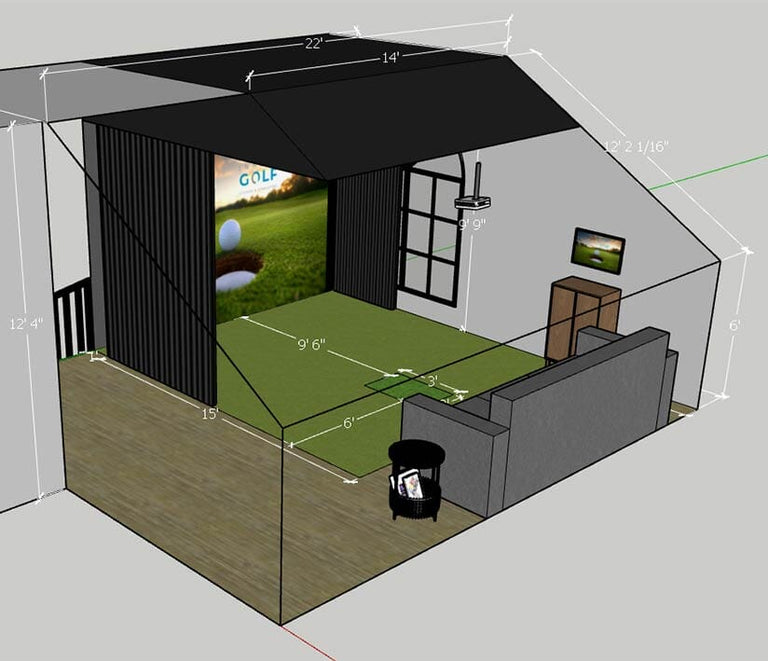 3D graphic of a golf simulator floor plan
