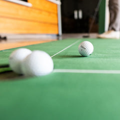 SIG LITE Indoor Putting Green 3' x 8' Green golf balls and close up shot of putting