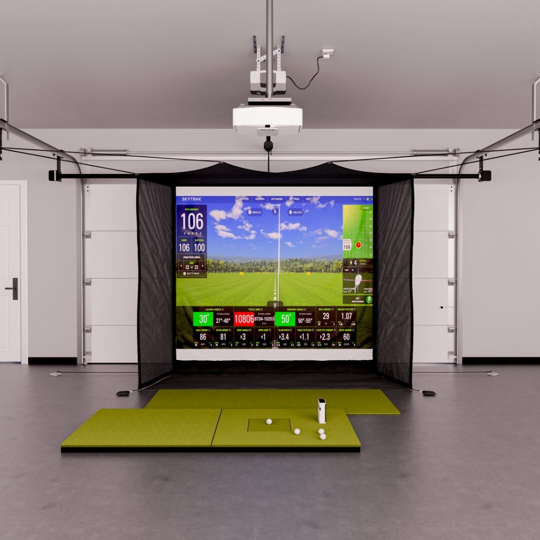 SkyTrak+ Flex Space Golf Simulator Package with 4x7 golf mat