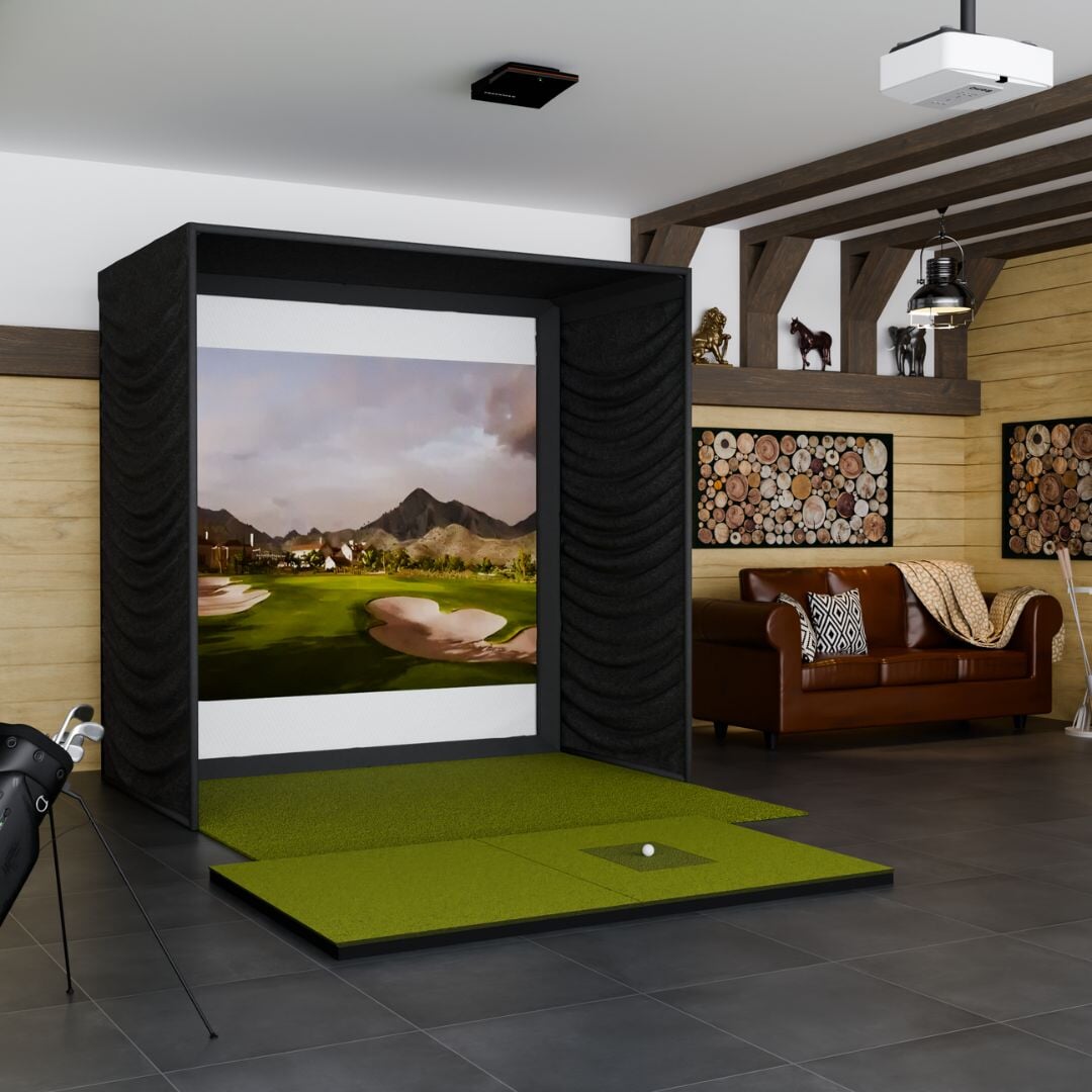 Trackman iO SIG8 Golf Simulator Package with SIGPRO Softy 4' x 7' Golf mat in room at a 45° angle