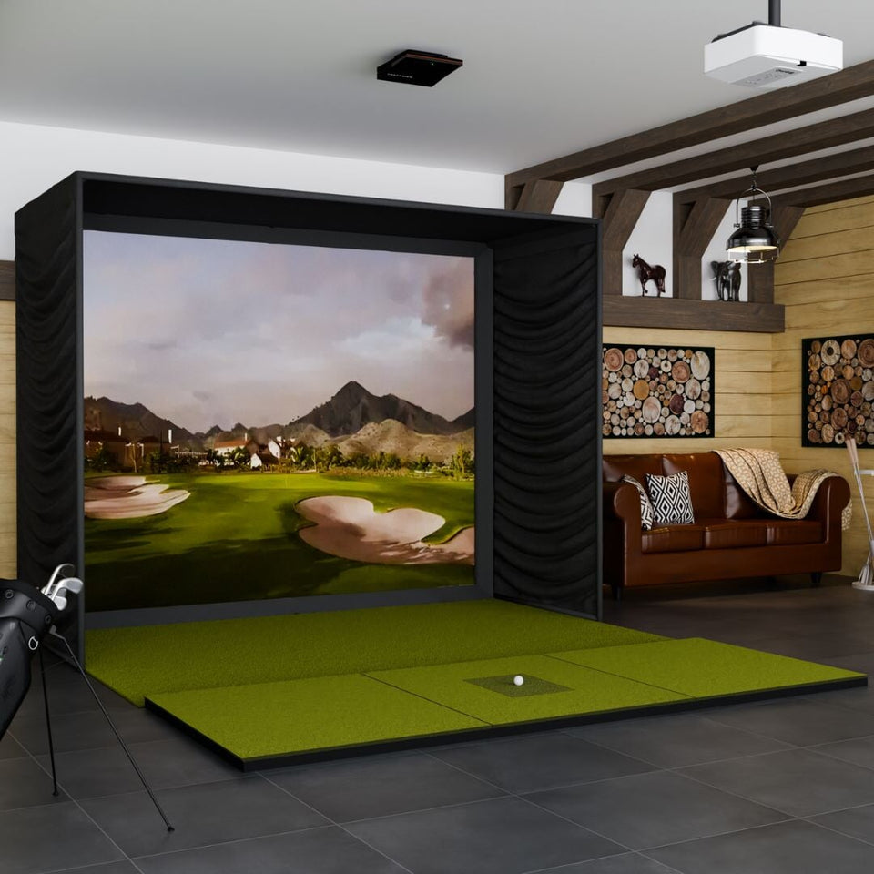 Trackman iO SIG10 Golf Simulator Package with SIGPRO Softy 4' x 10' Golf Mat  at a 45° angle