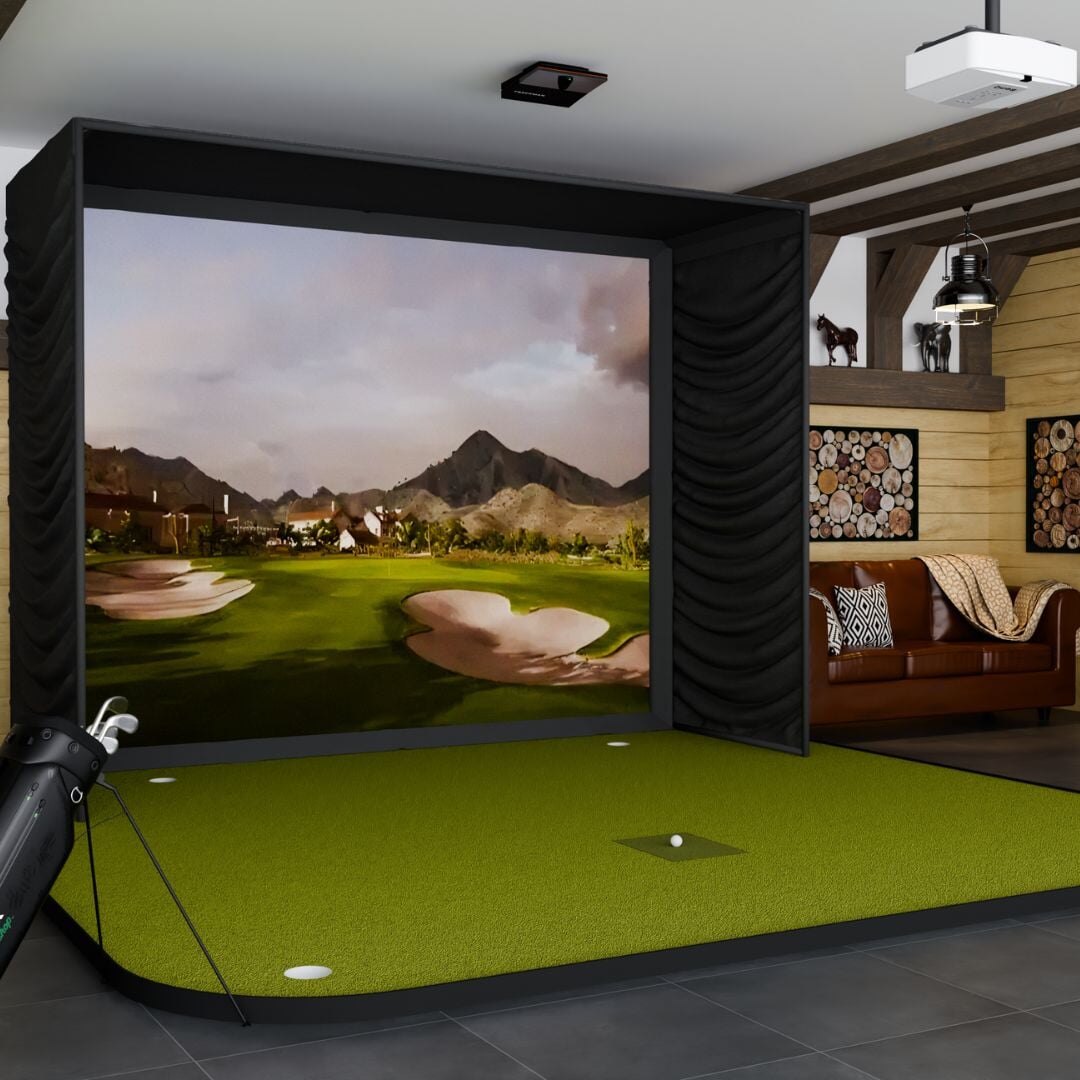 Trackman iO SIG12 Golf Simulator Package with SIGPRO Golf Simulator Flooring in room at 45° angle